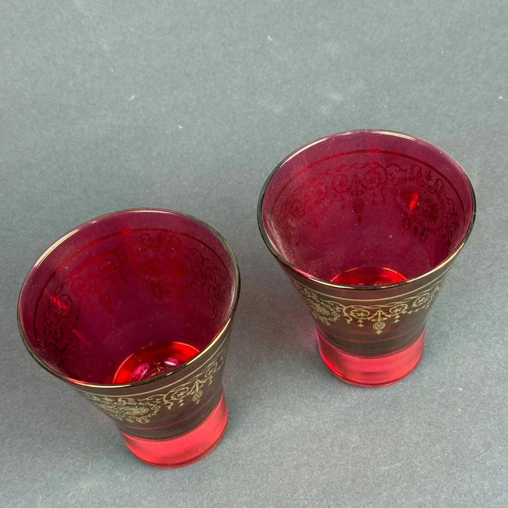 Timon Collezione Ruby Red Glass Tumblers Gold Gilt Floral Scroll Set of 2